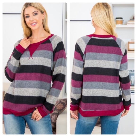 Sweaters - Ultra Soft Pink, Black Gray Colorblock Striped Pullover Sweater